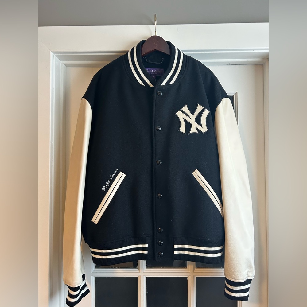 Purple label Ralph Lauren Black and Cream Varsity Jacket